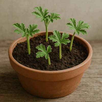 geraniumstekjes in pot